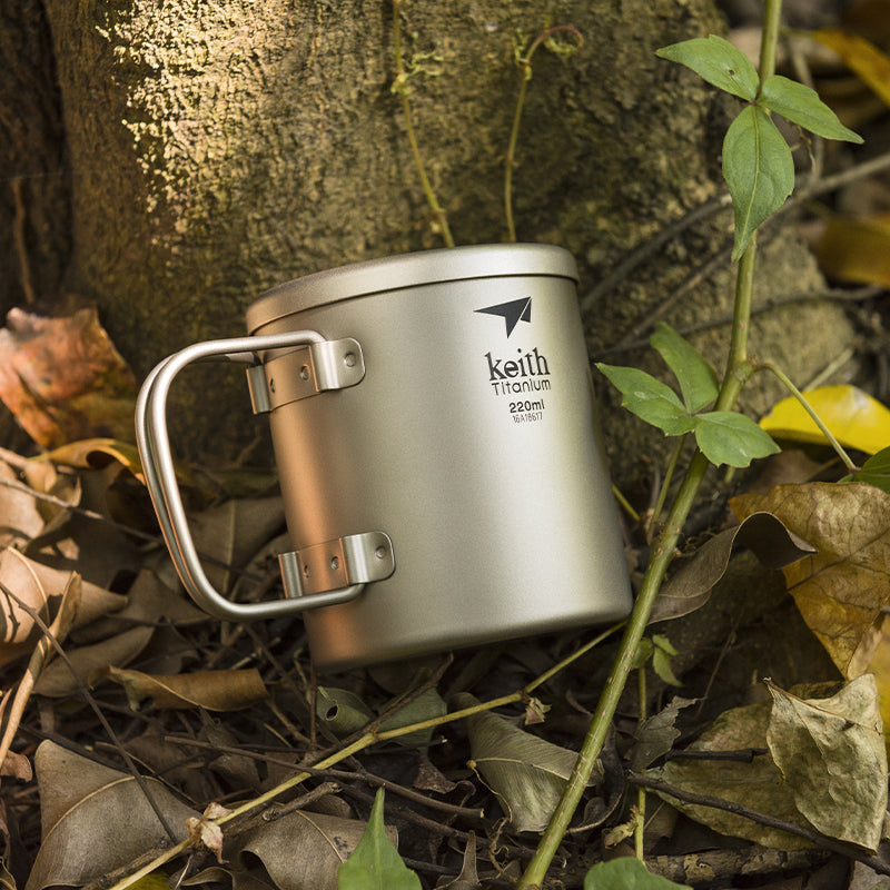 KEITH Titanium Ti3351 Double-Wall Mug with Folding Handle and Lid - 7.4 fl oz
