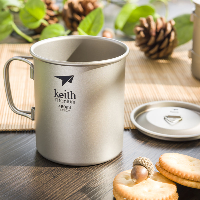 KEITH Titanium Ti3204 Single-Wall Mug with Folding Handle and Lid - 15.2 fl oz