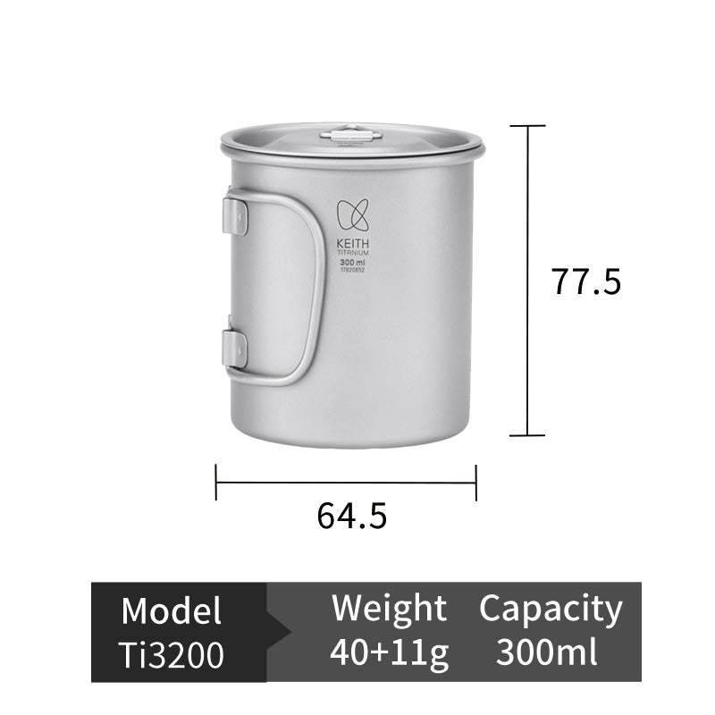 KEITH Titanium Ti3203 Single-Wall Mug with Folding Handle and Lid - 13.5 fl oz