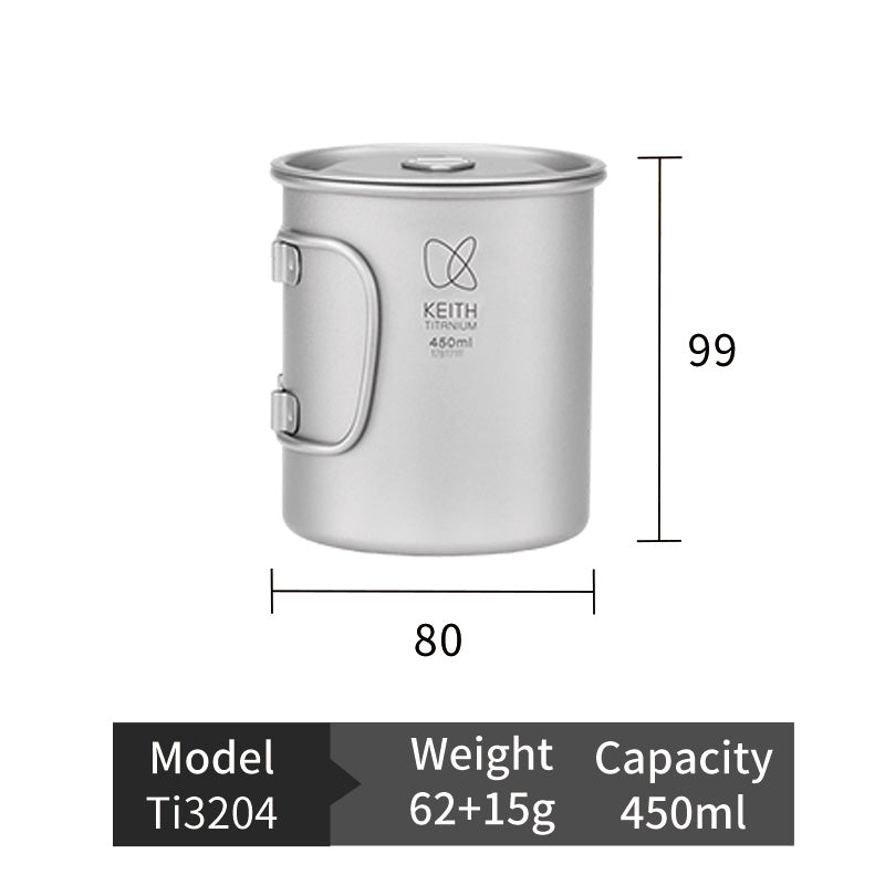 KEITH Titanium Ti3203 Single-Wall Mug with Folding Handle and Lid - 13.5 fl oz