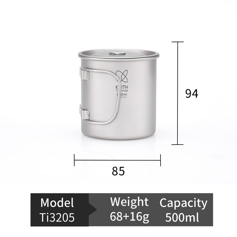 KEITH Titanium Ti3203 Single-Wall Mug with Folding Handle and Lid - 13.5 fl oz