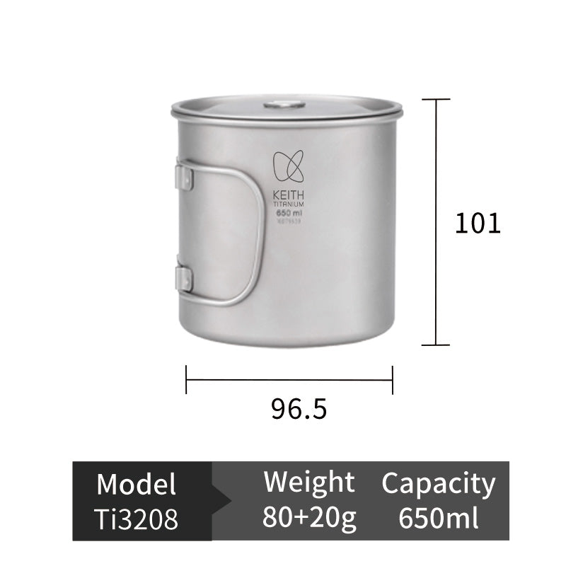 KEITH Titanium Ti3203 Single-Wall Mug with Folding Handle and Lid - 13.5 fl oz