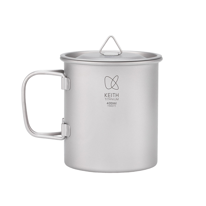 KEITH Titanium Ti3203 Single-Wall Mug with Folding Handle and Lid - 13.5 fl oz