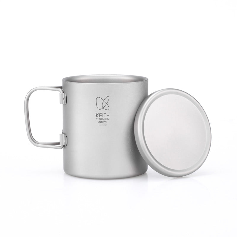 Keith Titanium Ti3352 Double-Wall Mug with Folding Handle and Lid - 10.1 fl oz