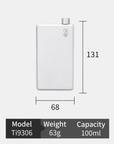 KEITH Titanium Ti9306 pocket flask size chart with 100ml capacity, 63g weight, and 68 x 131mm dimensions