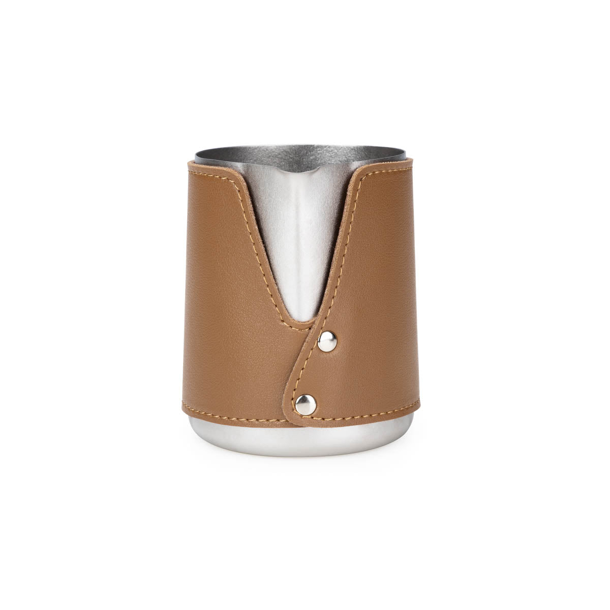 Keith Titanium milk pitcher with a tan leather sleeve on a white background