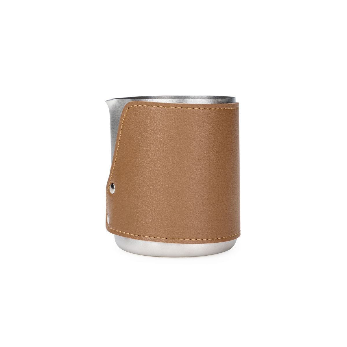 Side view of the Keith Titanium milk pitcher with a tan leather sleeve and pouring spout