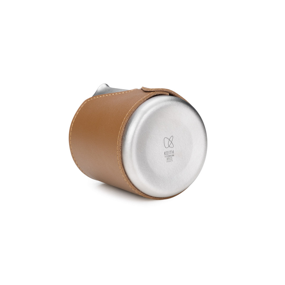 Bottom view of the Keith Titanium milk pitcher with a tan leather sleeve