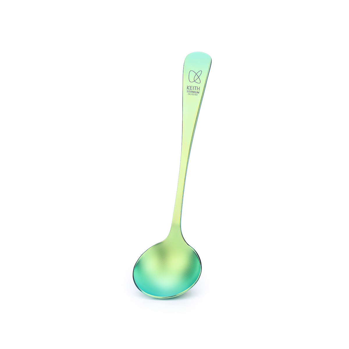 Keith Titanium Ti3602 iridescent green and blue coffee cupping spoon on a white background