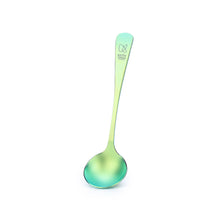 Keith Titanium Ti3602 iridescent green and blue coffee cupping spoon on a white background