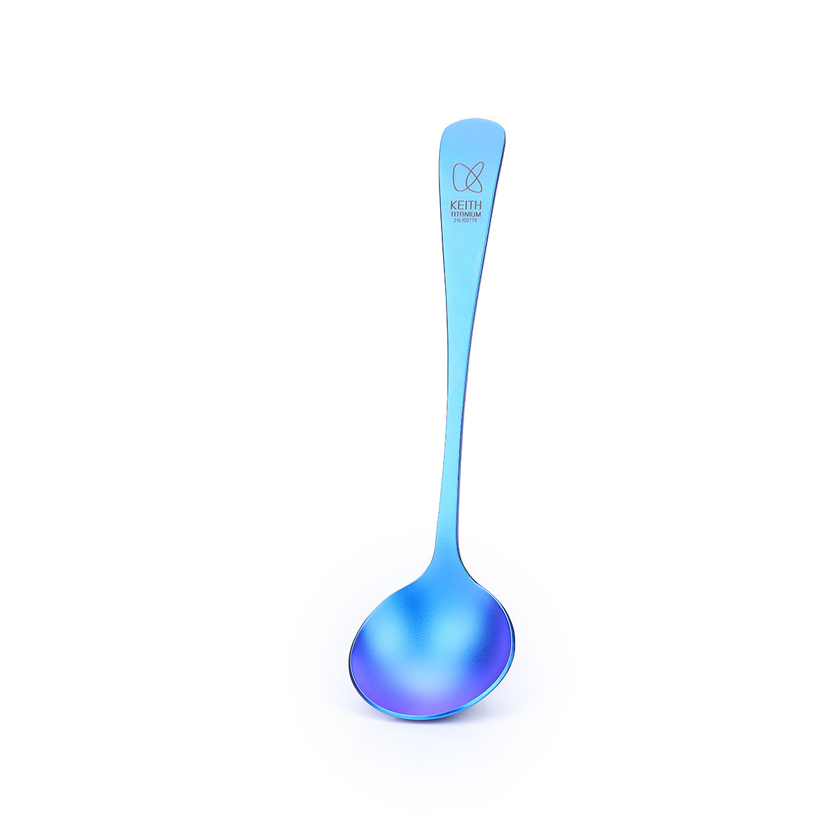 Keith Titanium Ti3602 iridescent blue and violet coffee cupping spoon on a white background