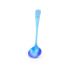 Keith Titanium Ti3602 iridescent blue and violet coffee cupping spoon on a white background
