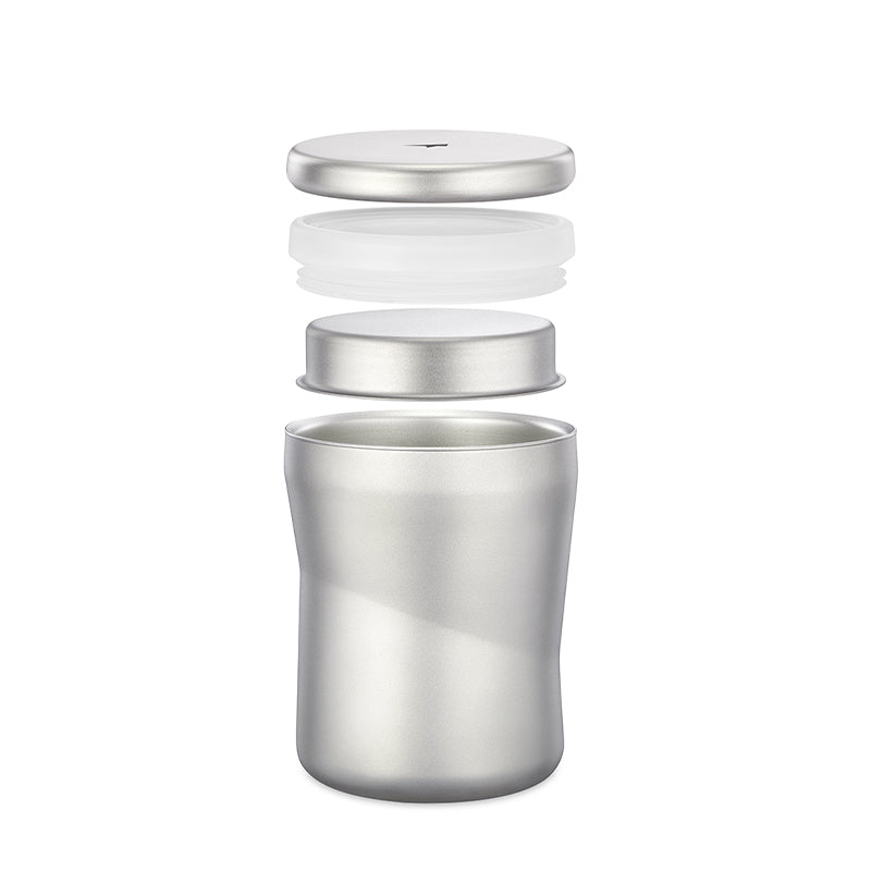 Exploded view of the Keith Titanium Ti3312 mug with lid, gasket, and cup body on a white background