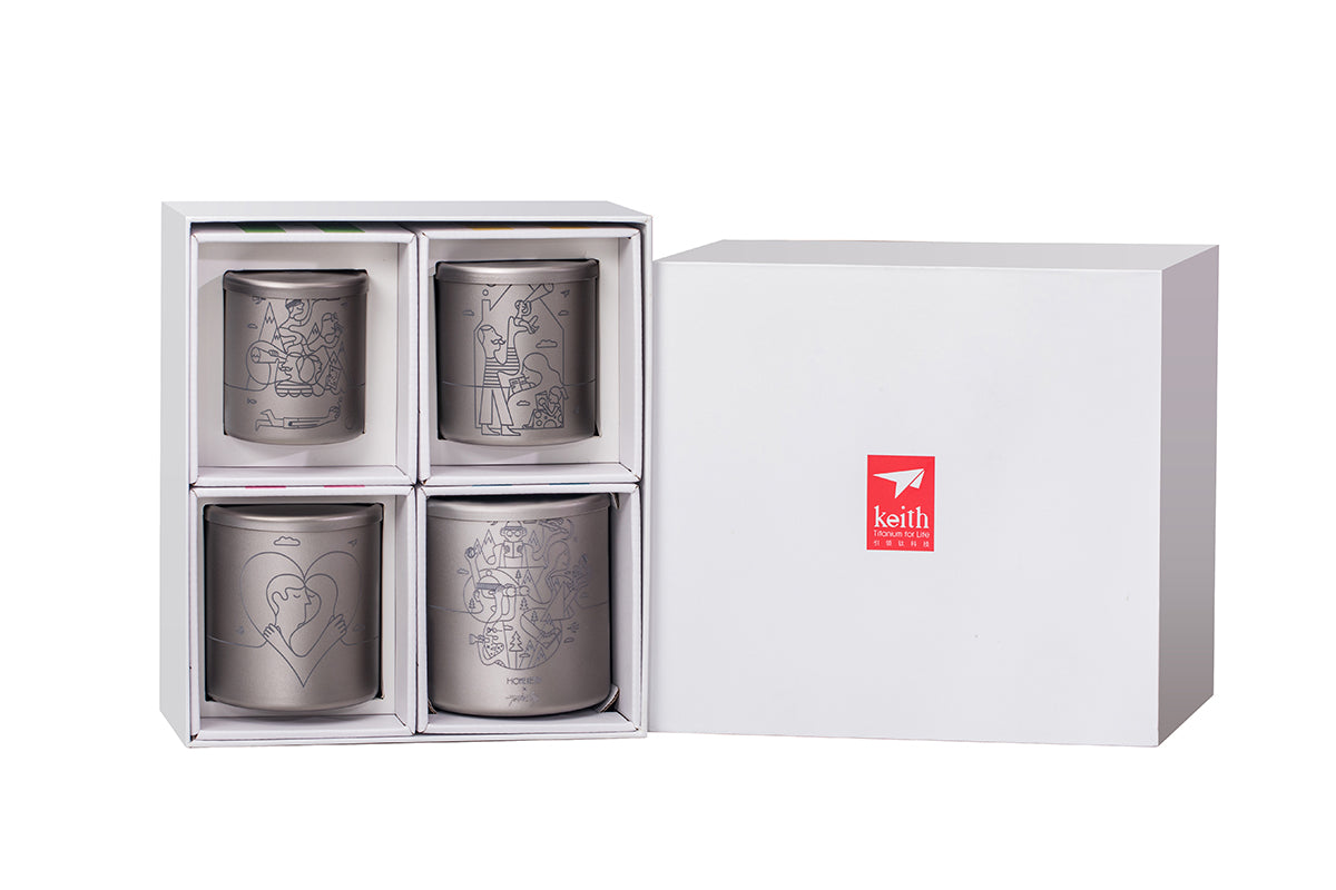 Boxed Keith Titanium Jonathan Calugi collectible nesting four-piece mug set on a white background