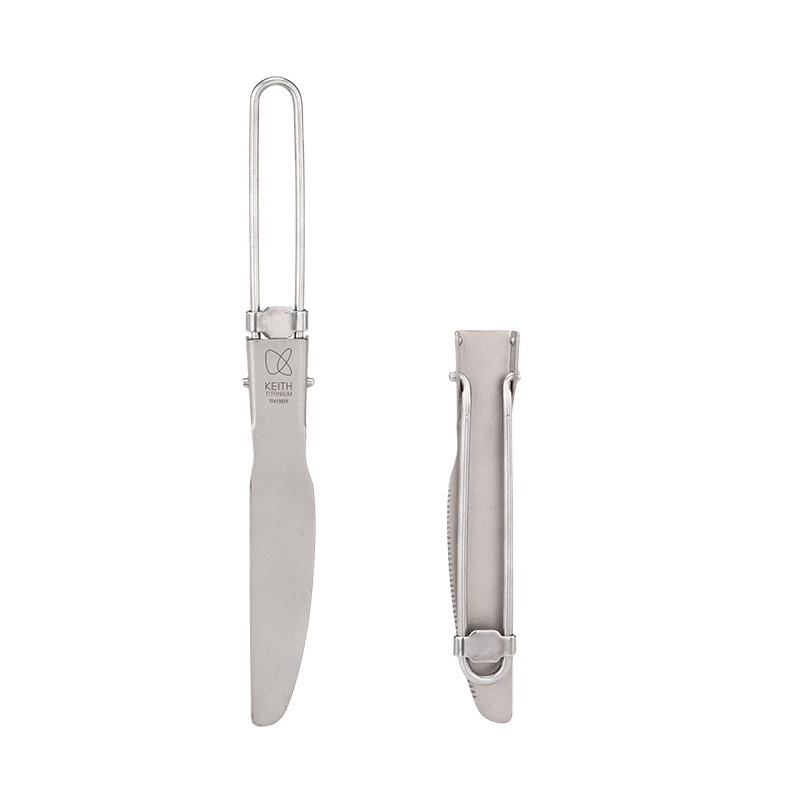 黒背景でパッケージ内に開いた状態と折りたたんだ状態で表示されたKEITH Titanium Ti5304折りたたみナイフ