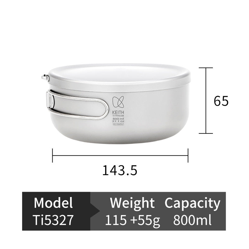 幅143.5 mm、高さ65 mm、容量800 mlを示すKEITH Titanium Ti5327ランチボックスのサイズ図