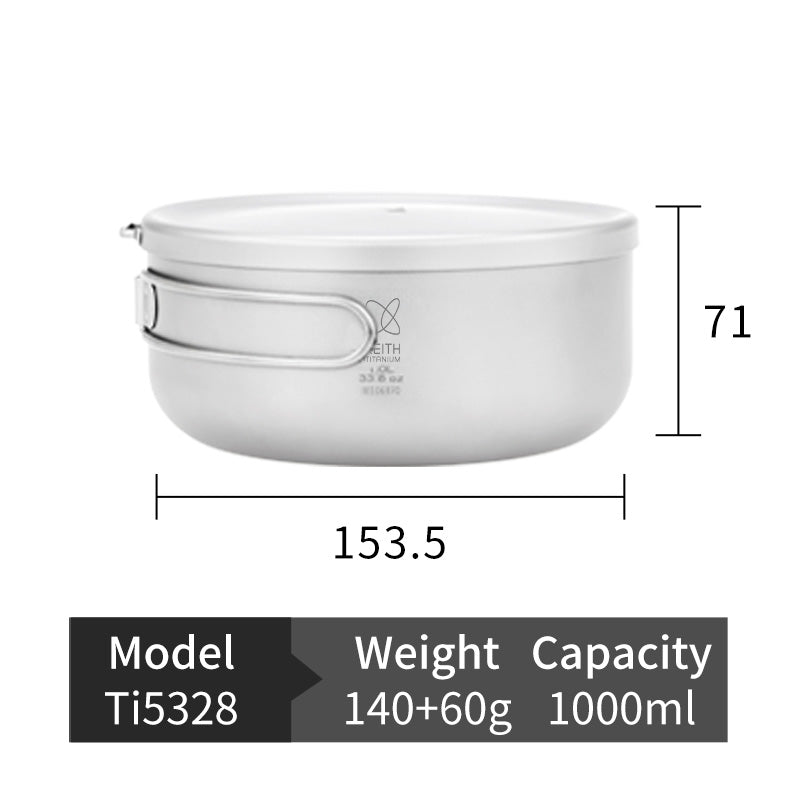 幅153.5 mm、高さ71 mm、容量1000 mlを示すKEITH Titanium Ti5328ランチボックスのサイズ図