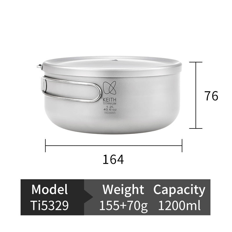 幅164 mm、高さ76 mm、容量1200 mlを示すKEITH Titanium Ti5329ランチボックスのサイズ図