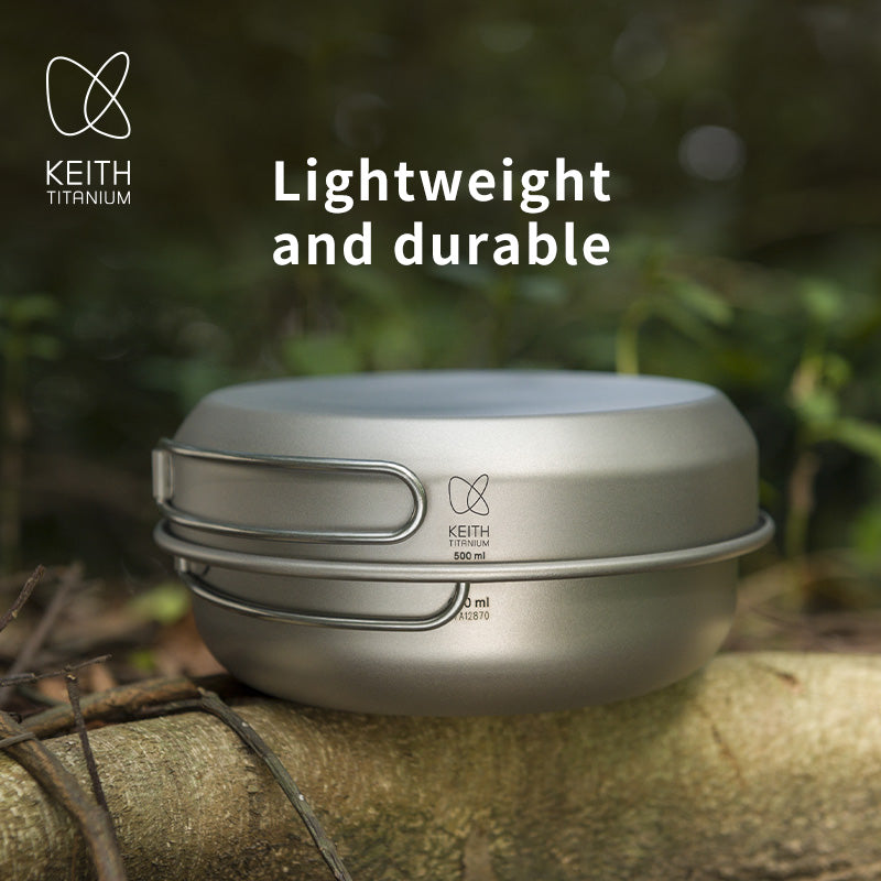 Keith Titanium Ti6053 three-piece cook set stacked on a camp stove in the snow