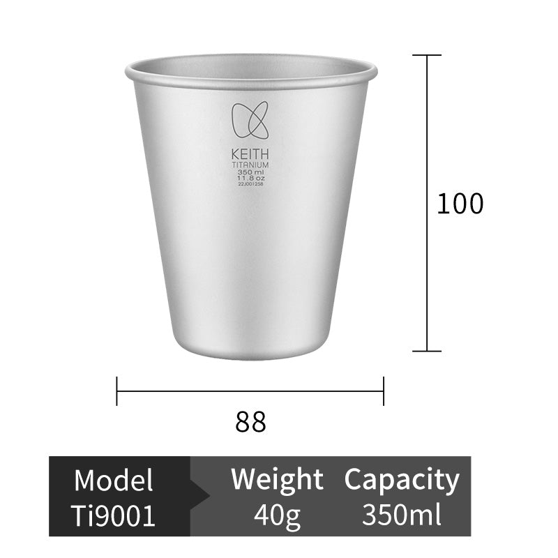 容量350ml、幅88 mm、高さ100 mm、重量40 gを示すKEITH Titanium Ti9001ビアカップのサイズ表