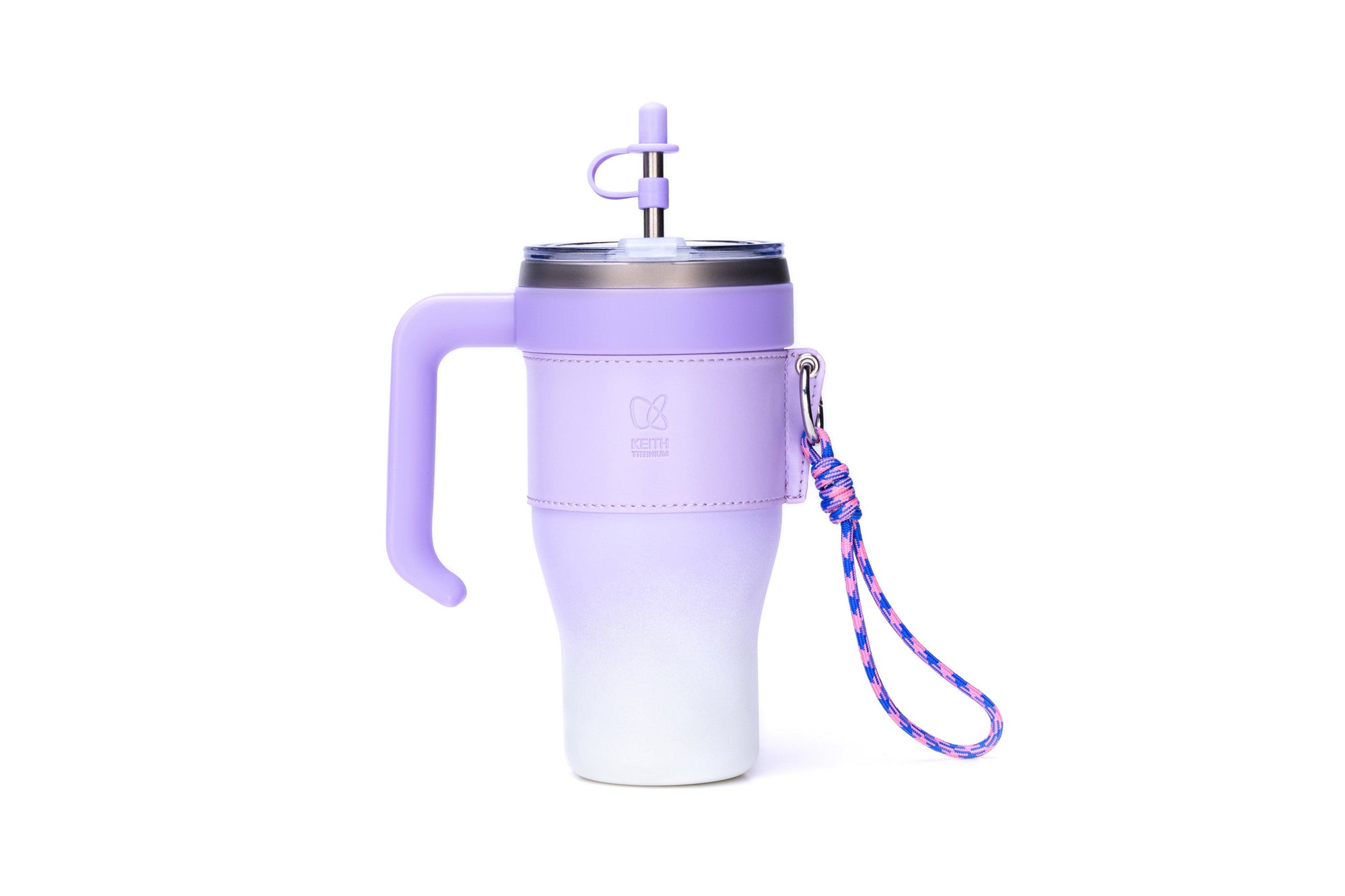 Lavender Purple KEITH Titanium Ti3273 straw cup with handle, sleeve, and braided lanyard on a white background