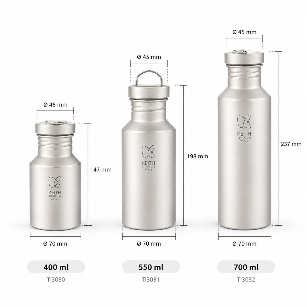 KEITH チタン スポーツボトル スリーブ付き、400ml / 550ml / 700ml - Ti3030 / Ti3031 / Ti3032