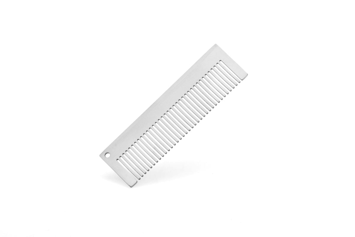 Reverse angled view of the Keith Titanium Ti1732 titanium pocket comb on a white background