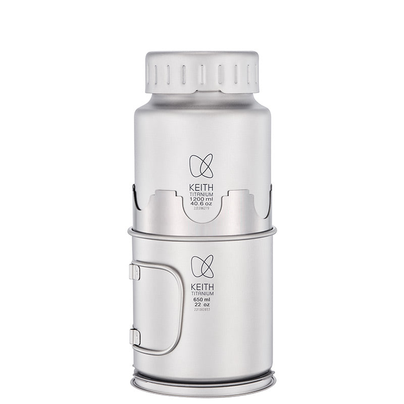 Keith Titanium Ti3070 nesting camp set with bottle stored inside the mug on a white background