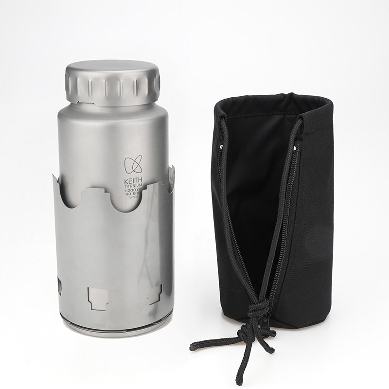 Keith Titanium Ti3070 bottle with wood stove sleeve beside a black drawstring carry bag