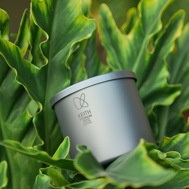 Keith Titanium titanium grey radiant spectrum cup nestled among green leaves