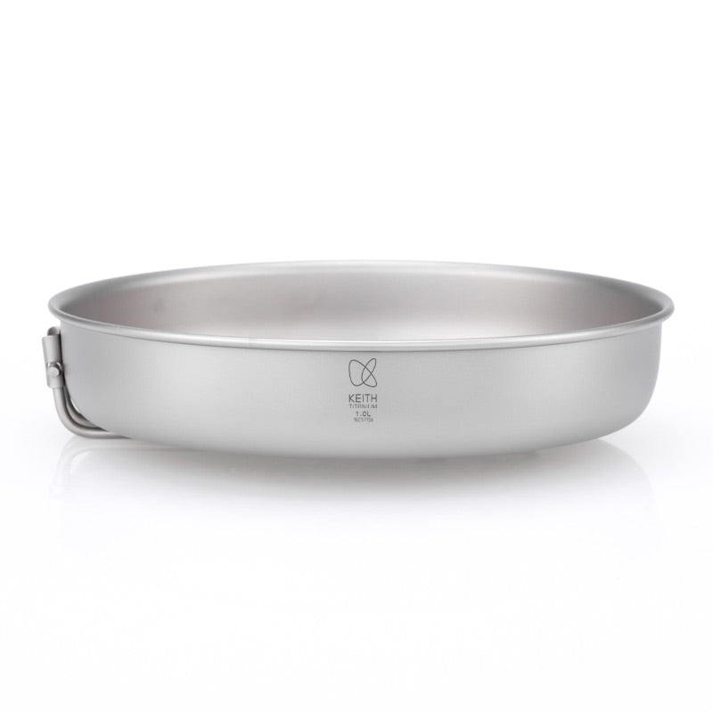 Keith Titanium Ti6034 fry pan with the folding handle folded on a white background