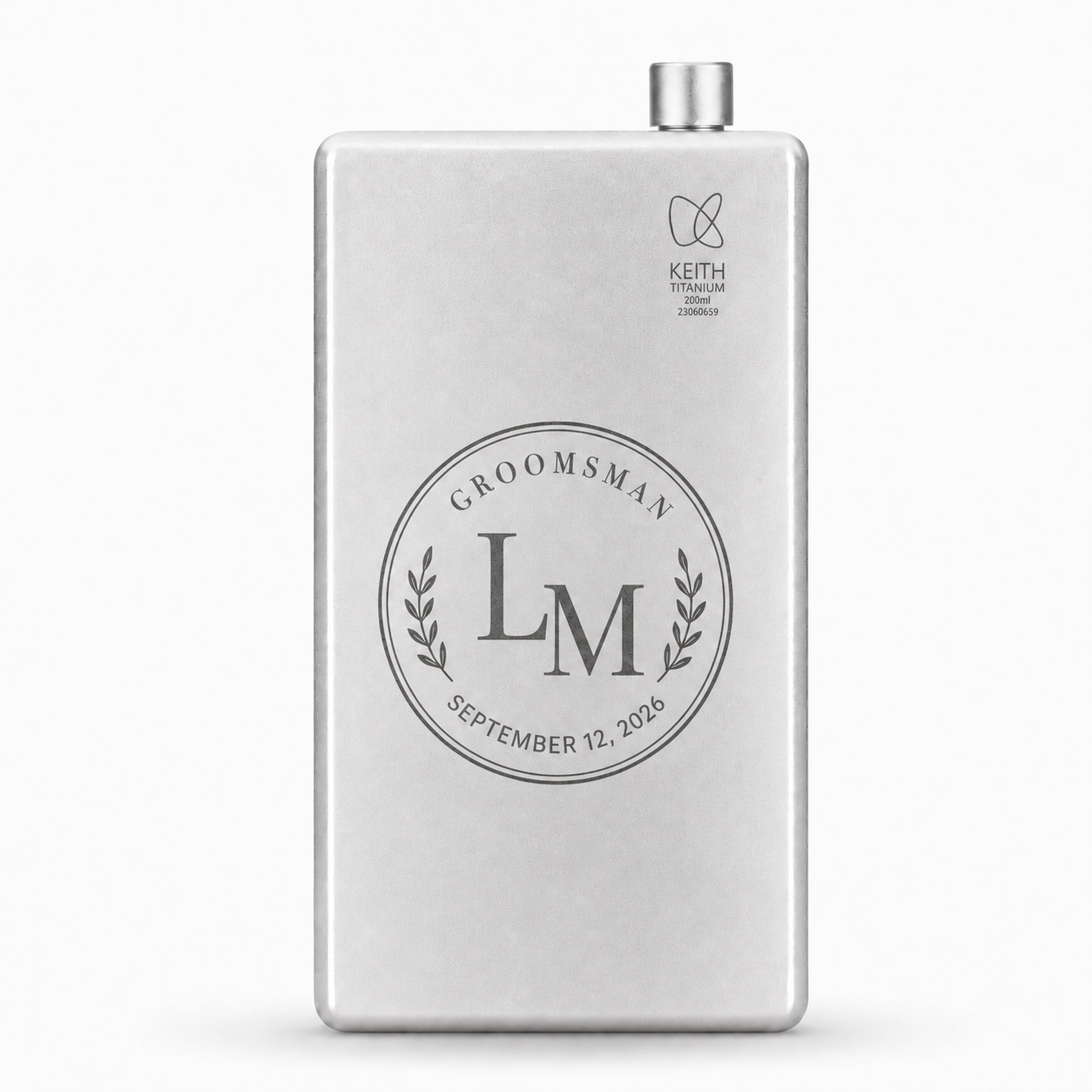 Custom engraved titanium hip flask with groomsman monogram and wedding date