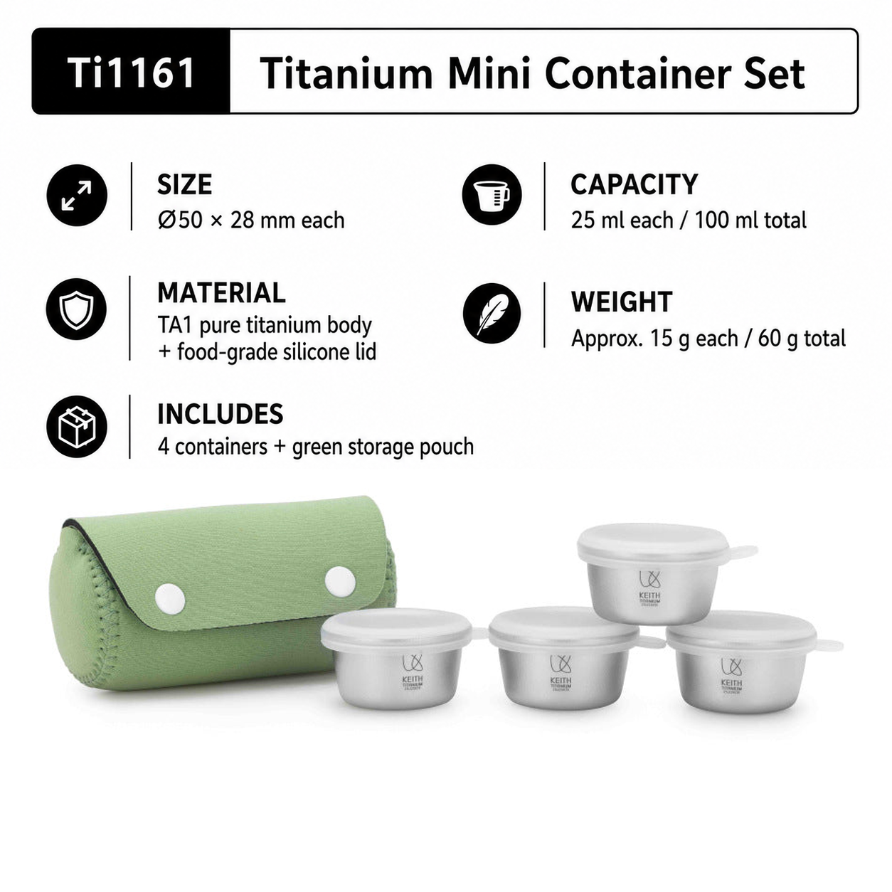 KEITH Ti1161 four-piece titanium mini container set with silicone lids, green storage pouch and size specifications