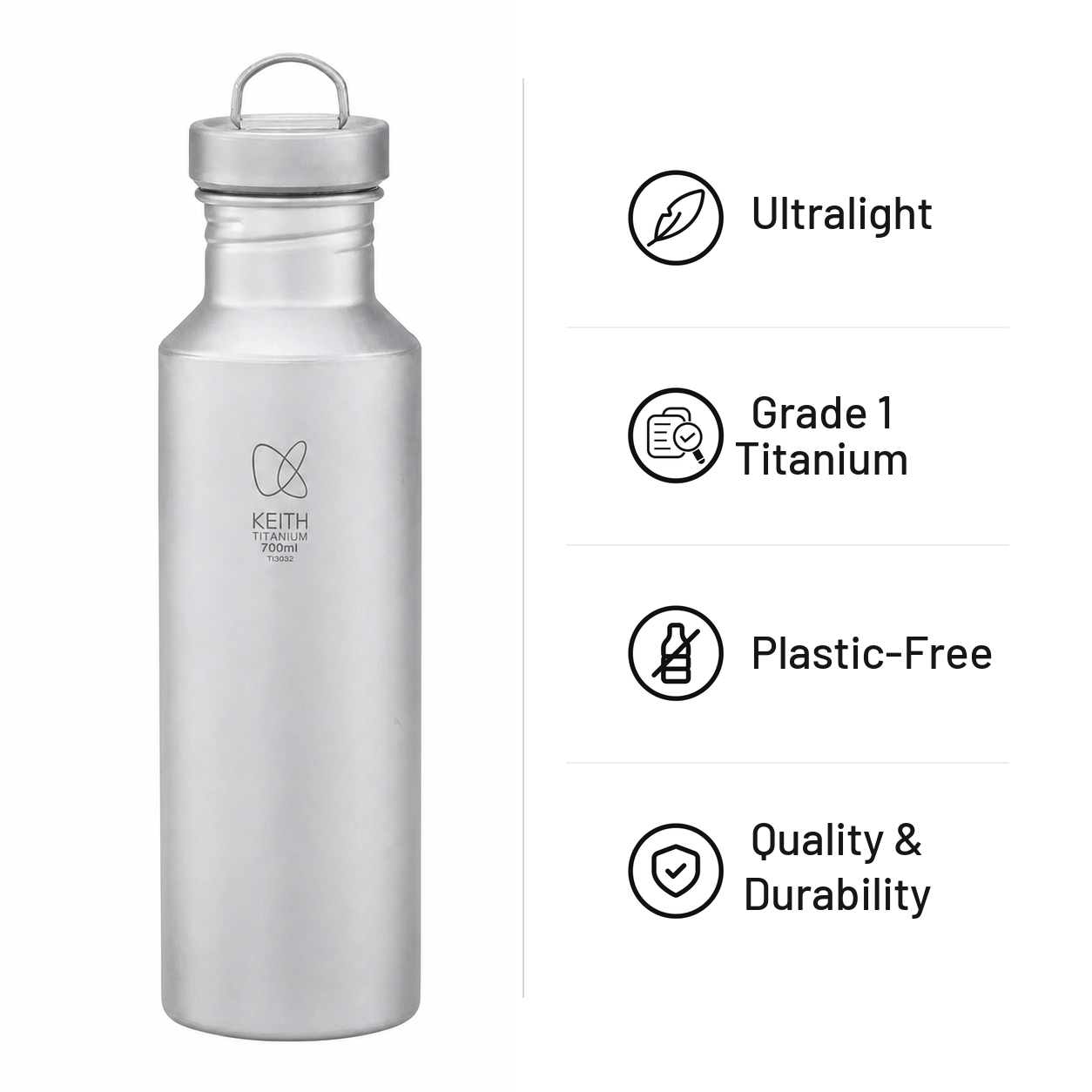 KEITH Ti3032 titanium sport bottle with ultralight, Grade 1 titanium, plastic-free, quality and durability icons