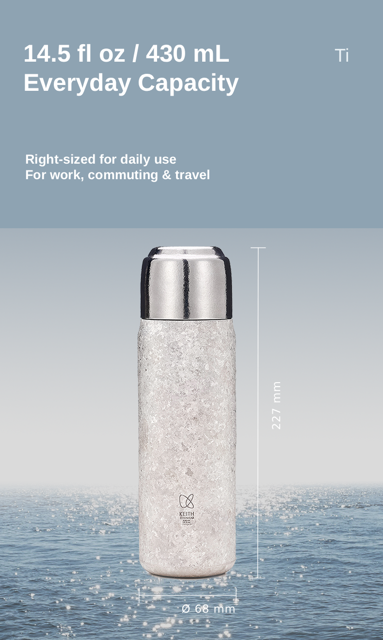 KEITH Ti3107 430 mL titanium vacuum bottle with 227 mm height and 68 mm diameter measurements