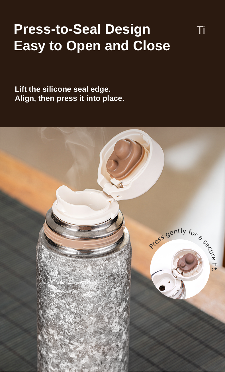 Close-up of KEITH Ti3107 press-to-seal drinking lid showing how to lift, align, and press the silicone seal