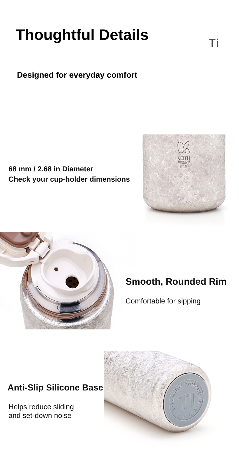 KEITH Ti3107 detail views showing its 68 mm diameter, rounded drinking rim, and anti-slip silicone base
