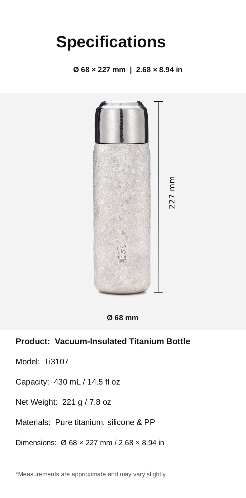 KEITH Ti3107 vacuum-insulated titanium bottle specification chart with 430 mL capacity and 68 × 227 mm size