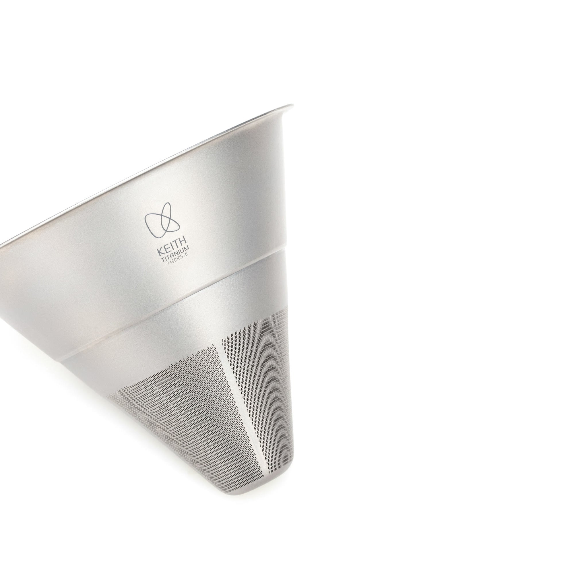 Side view of the KEITH Ti3613 cone-shaped titanium pour-over coffee filter on a white background