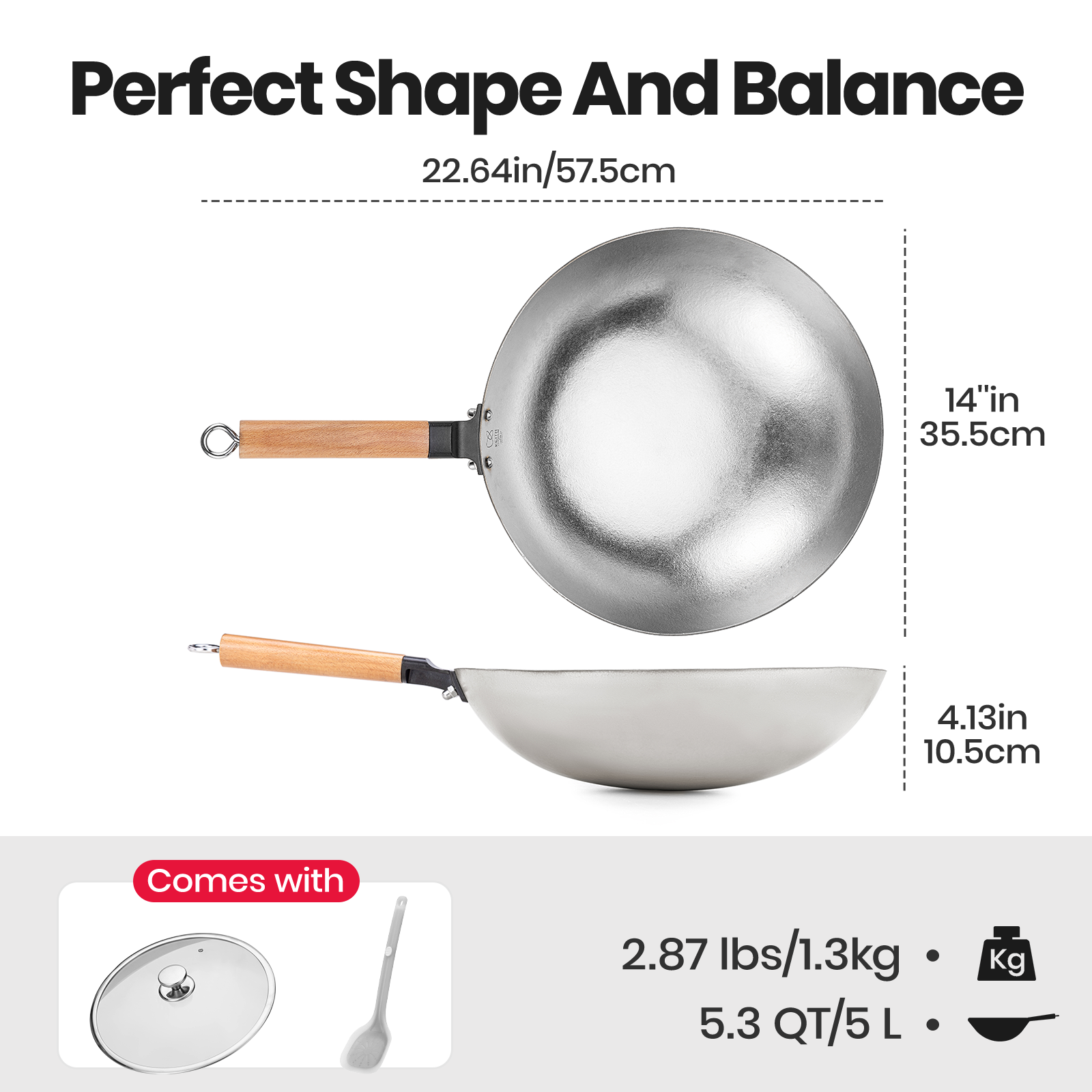 Top and side dimension views of the KEITH Ti8127 wok with lid and gray spatula shown as included