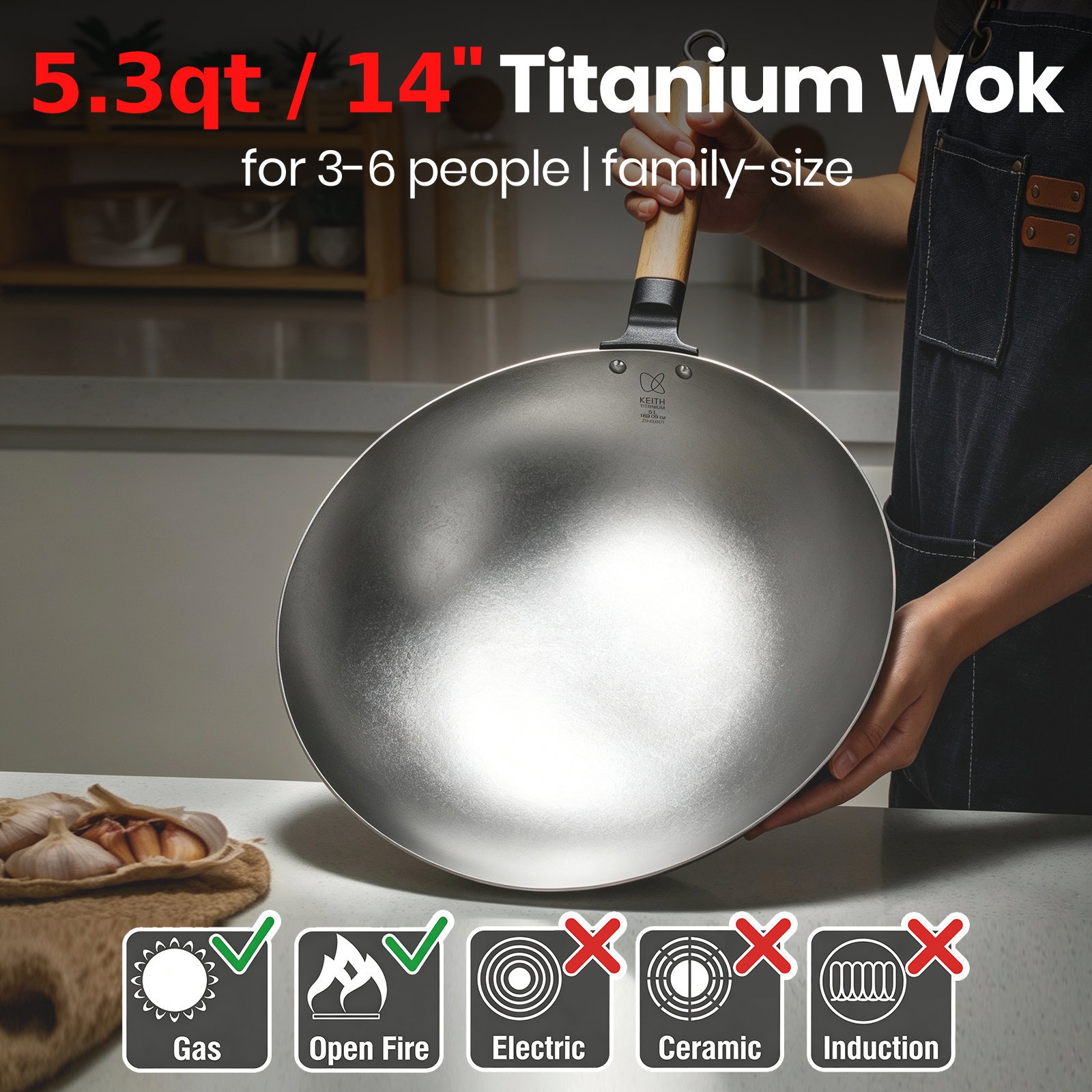 Person holding a KEITH Ti8127 round-bottom wok above gas and open-flame compatibility icons