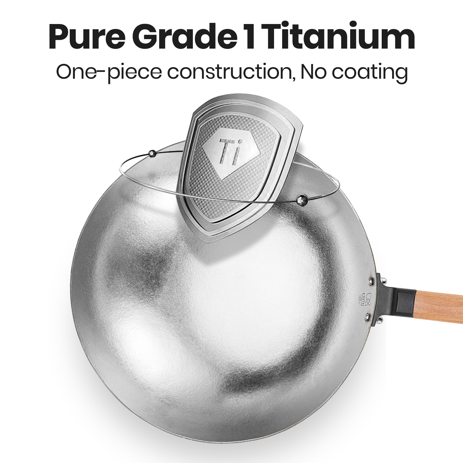 Top view of the KEITH Ti8127 titanium wok with wooden handle and Grade 1 titanium construction graphic