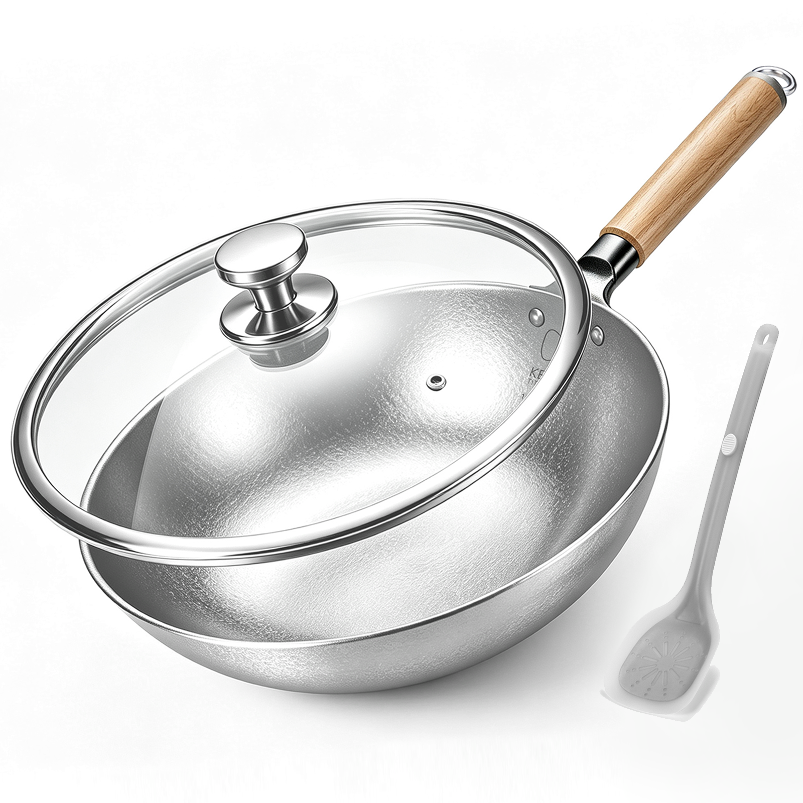 KEITH Ti8127 titanium wok with clear lid, wooden handle and gray spatula on a white background
