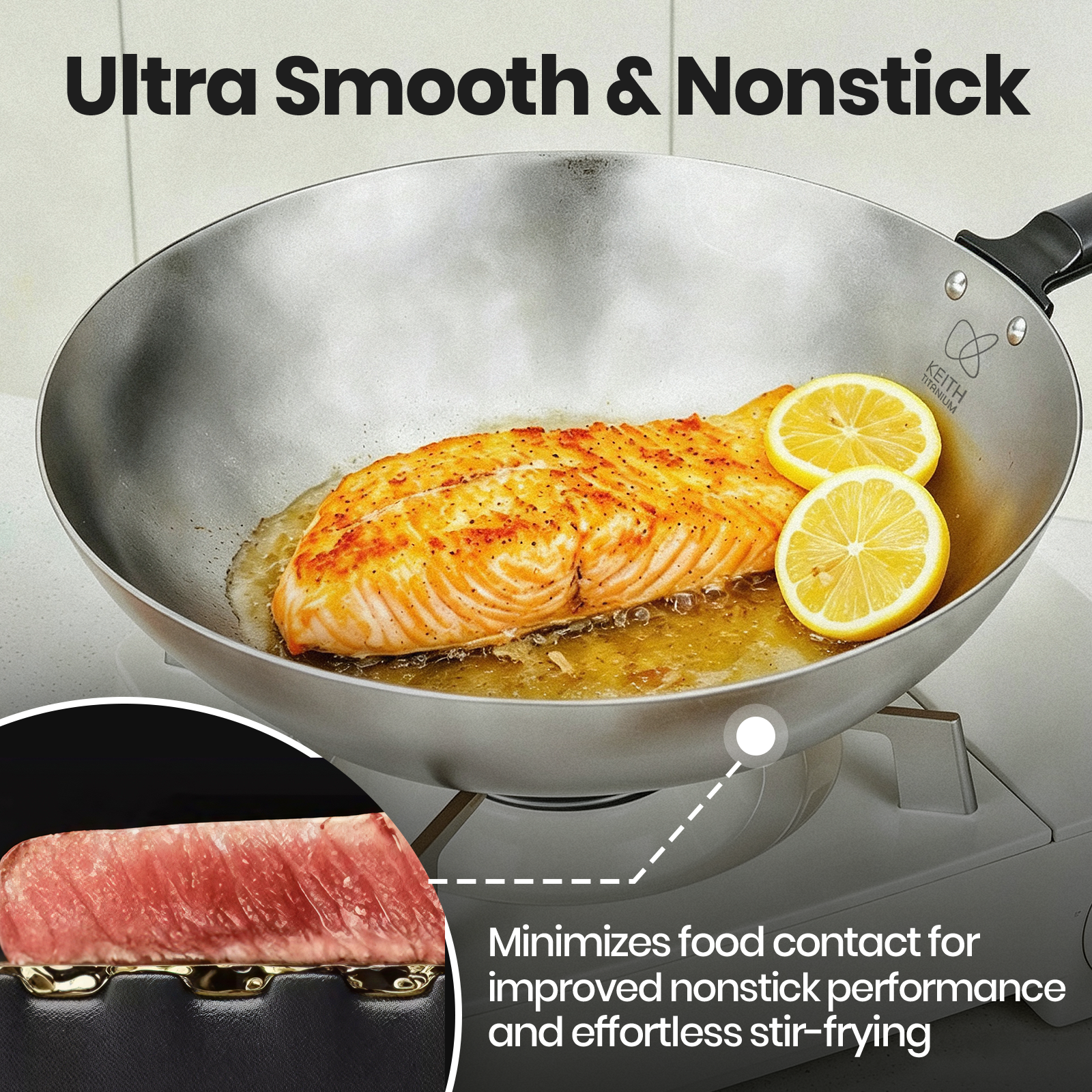 Salmon and lemon slices cooking in a KEITH Ti8127 titanium wok on a gas burner with a food-contact close-up graphic