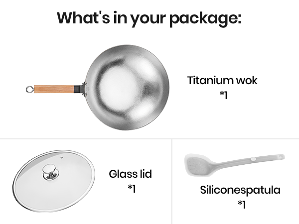 Package contents graphic showing a titanium wok, clear lid and gray spatula