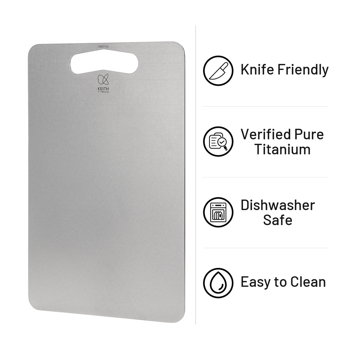 KEITH Ti8721 titanium cutting board with knife-friendly, verified pure titanium, dishwasher-safe and easy-clean icons