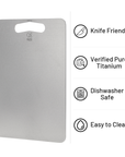 KEITH Ti8721 titanium cutting board with knife-friendly, verified pure titanium, dishwasher-safe and easy-clean icons