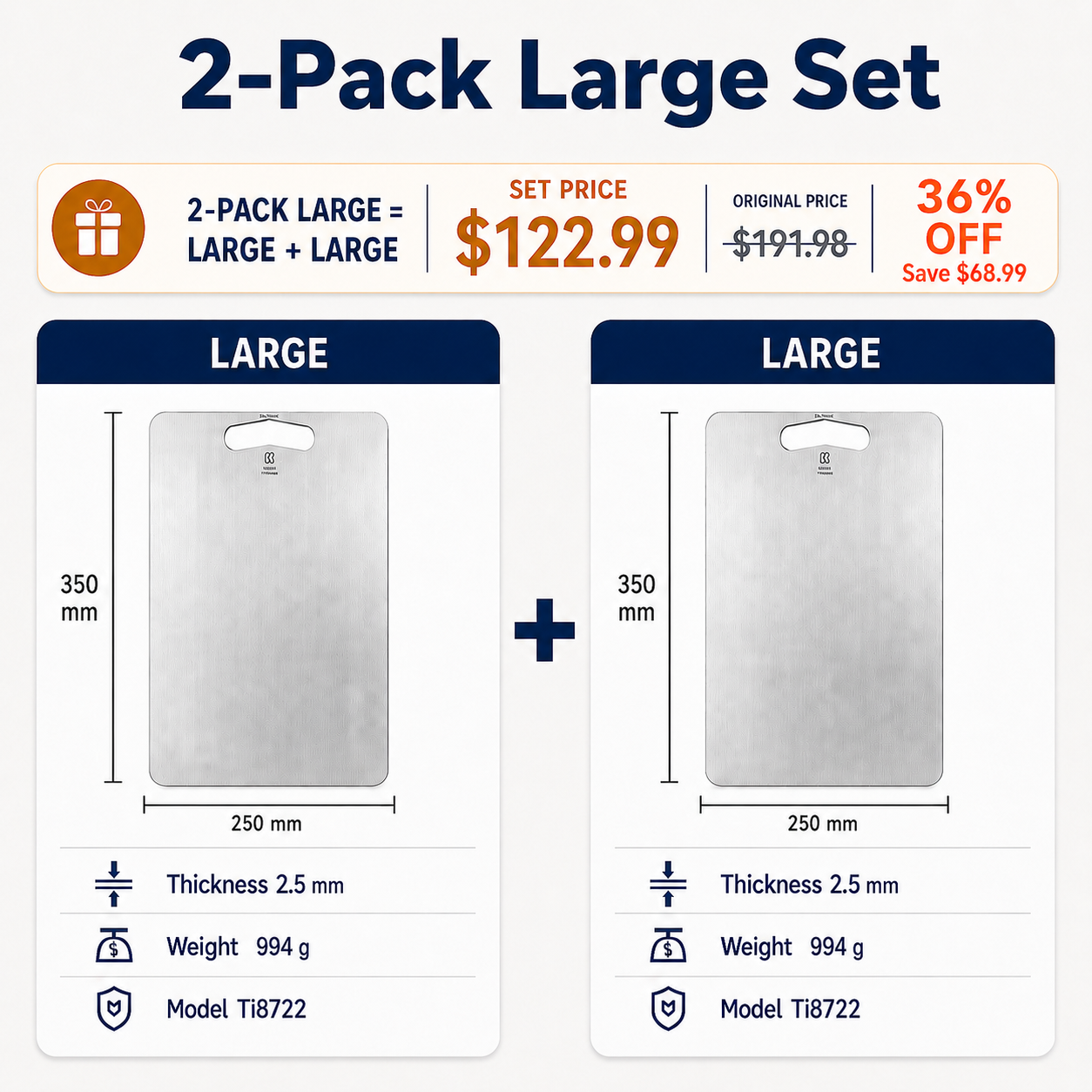 Keith Titanium 2-Pack Large Set with two Ti8722 large pure titanium cutting boards