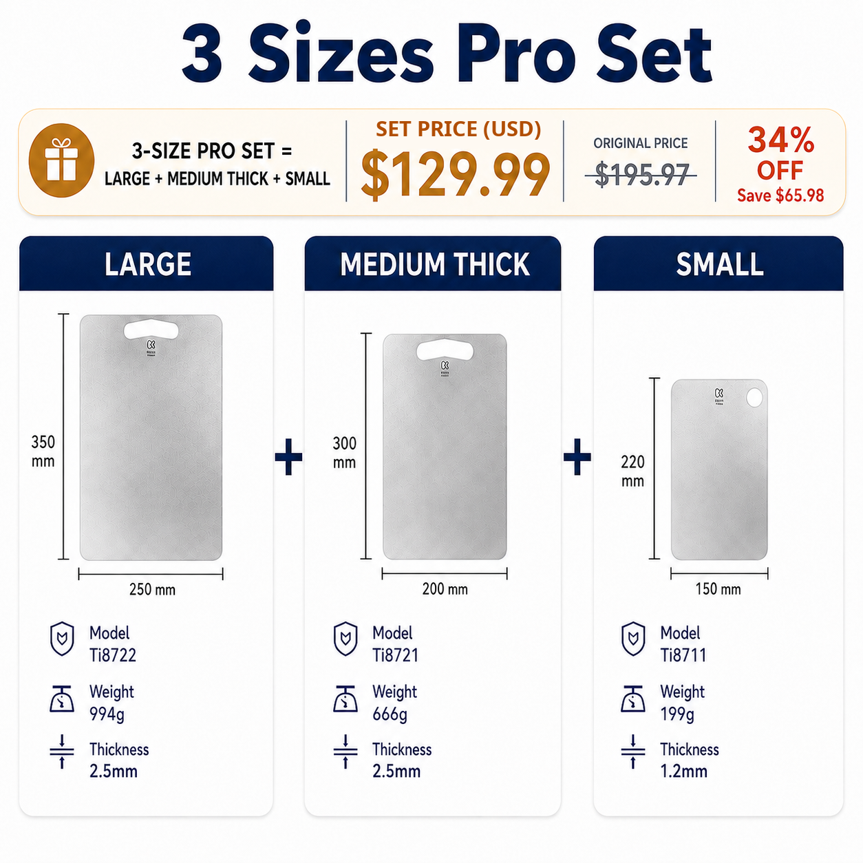 Keith Titanium 3-Size Pro Set with Large, Medium Thick, and Small pure titanium cutting boards