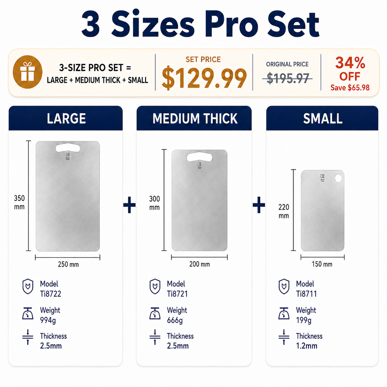Keith Titanium 3-Size Pro Set with Large, Medium Thick, and Small pure titanium cutting boards